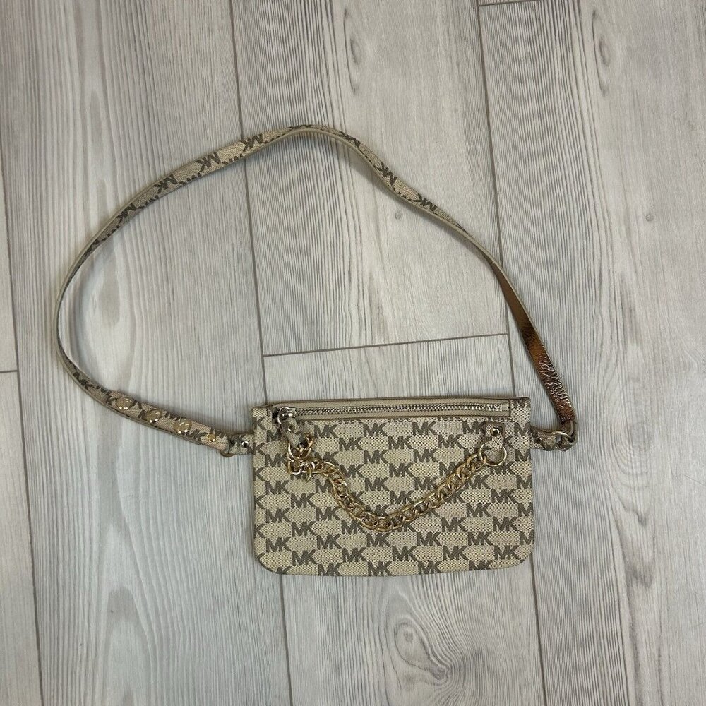 Michael Kors Belt Bag Waist Wallet MK Logo Beige With Chain‎ Small